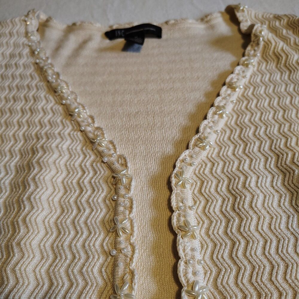 Coquette Dainty Knit Cardigan Size M Cream Pearl Beaded Trim Romantic Soft Girl